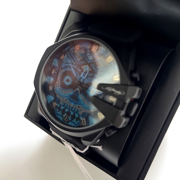 ED HARDY Oversized Skull Beaded Dial Wristwatch Blue Black Silicone Strap Watch - Picture 6 of 7